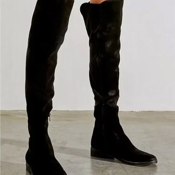 Free People Carson Over The Knee Boots Black Stretch Suede Zipper